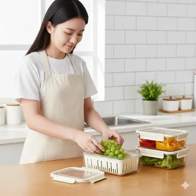 Airtight Refrigerator Organizer Bin with Removable Drain Basket and Locking Lid – BPA-Free Food Storage Container for Fruit, Vegetables, Meat & Meal Prep – Clear, Stackable Produce Saver (Large)