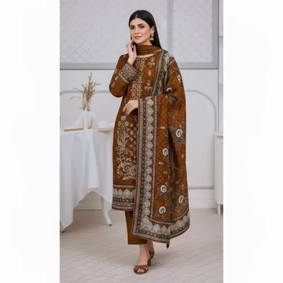 Hajra Emaan Winter Collection 2025 Unstitched Linen Suit, Sequence Embroidery, Digital Printed Dupatta, Pakistani Salwar Kameez