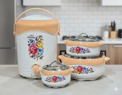 Lavinna Floretta 4-Piece Insulated Gift Set – Premium Floral Water Cooler & 3-Piece Hot Pot Casserole Set with Stainless Steel Interior – Beige/Peach Thermal Food Warmer for Home, Picnic & Gifting