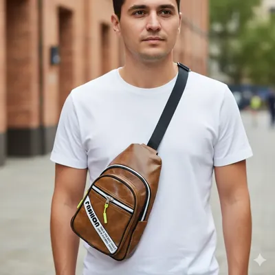 Men's Brown Faux Leather Crossbody Sling Bag – Trendy & Compact Travel Shoulder Bag with Multiple Zippers - Chest bag