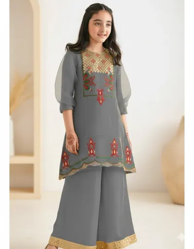 Dhanak Kids 2PC Premium Embroidered Dress - Grey