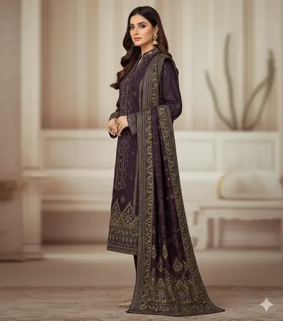 Hajra Emaan Winter Collection 3-Piece Linen Suit | Premium Embroidered Front with Sequence & Digital Printed Dupatta
