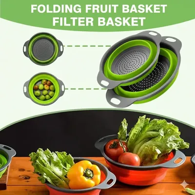 Collapsible Silicone Kitchen Colander & Vegetable Washing Basket – Foldable Fruit Strainer with Durable Handles, Space-Saving Kitchen Gadget for Straining Pasta, Rinsing Produce, and Food Storage