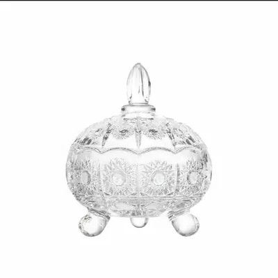 Vintage 3-Legged Lead Crystal Candy Dish with Lid – Ornate Pinwheel & Starburst Pattern Footed Glass Jar for Sweets, Nuts, and Jewelry Decor