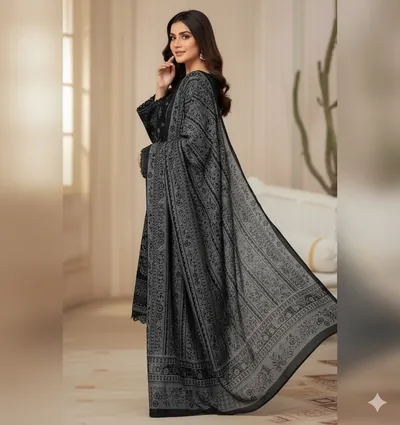 Hajra Emaan Winter Collection Linen Suit – Black Embroidered Front with Digital Printed Dupatta – Original Premium Fabric