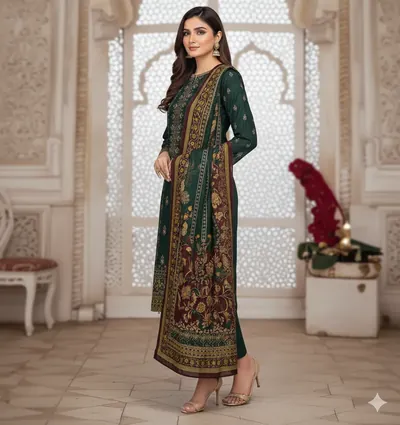 Hajra Emaan Winter Collection 3-Piece Linen Suit | Premium Embroidered & Digital Printed Linen with Sequence Work