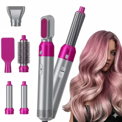 5-in-1 Hot Hair Styler Kit with Interchangeable Attachments - Hair Dryer, Volumizer, Curling Iron, & Straightening Brush | Professional Multi-Function Hair Tool