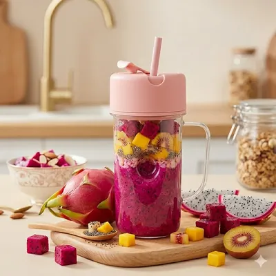 2-in-1 Portable Electric Juicer Cup & Smoothie Maker – 400ml Personal Blender with Straw and Handle, USB Rechargeable, Fruit Mixing Mug for Travel, Gym, and Office (Pink)