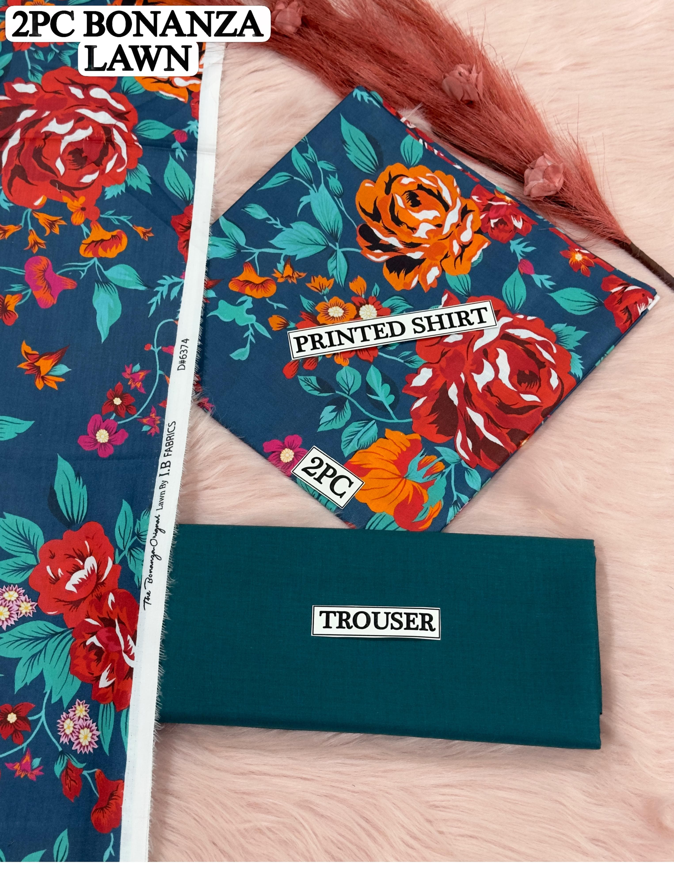 Unstitched 2PC Lawn Suit BONANZA Satrangi Floral Print Shirt with Red & Orange Roses and Dark Teal Trouser
