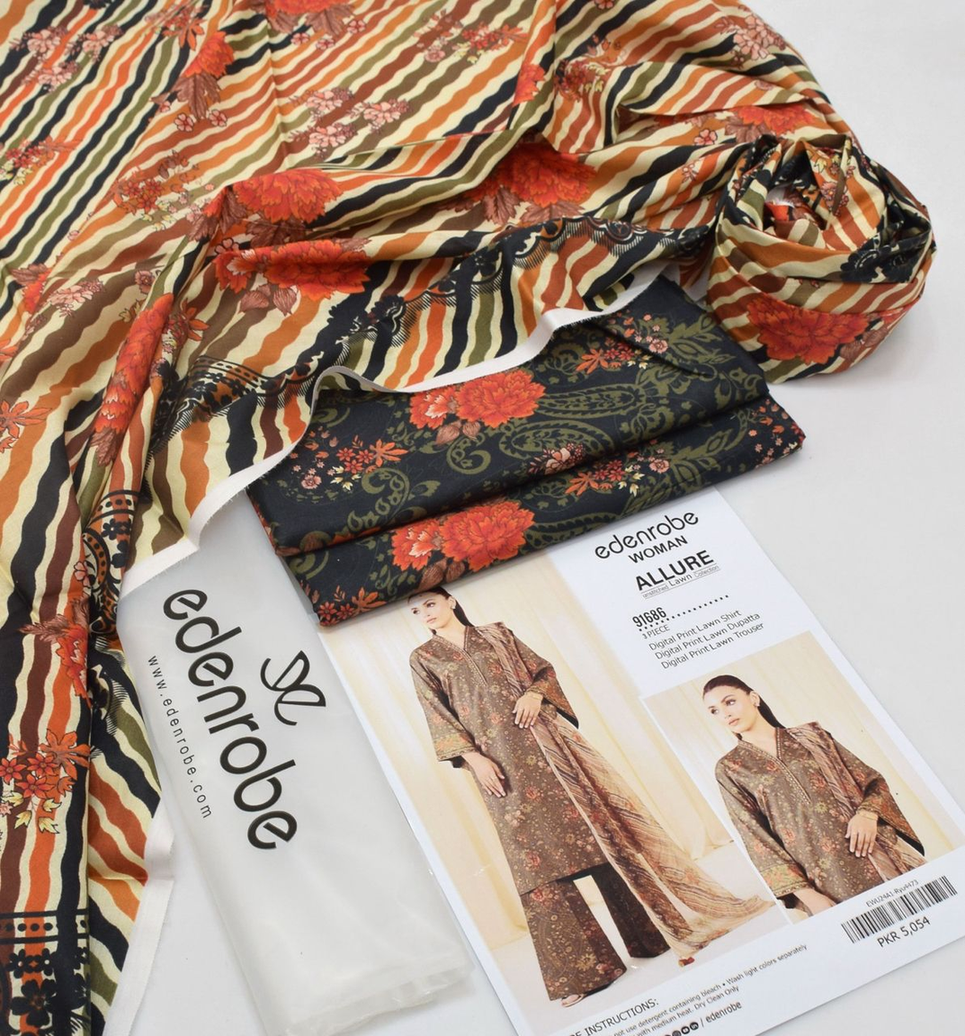 Edenrobe Woman Allure Digital Printed Lawn Suit - 91686 (Striped & Floral)