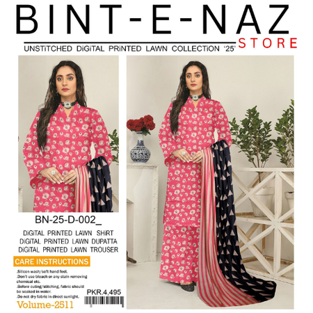 Pink Digital Printed Lawn Suit Bint e Naz Airjet Lawn 3Piece Unstitched Collection
