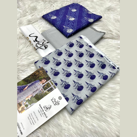 Waniya Gold 3Piece Unstitched Lawn Suit Blue & White Doria Printed Shirt, Voile Printed Dupatta & Dyed Trouser Original Stock Premium Quality Summer Collection 2025