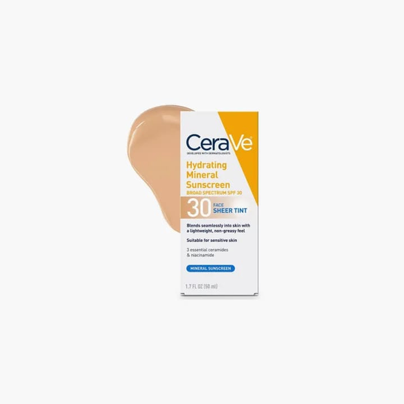 CeraVe Hydrating Mineral Sunscreen Broad Spectrum SPF 30 Sheer Tint - Facial Sunscreen for Sensitive Skin