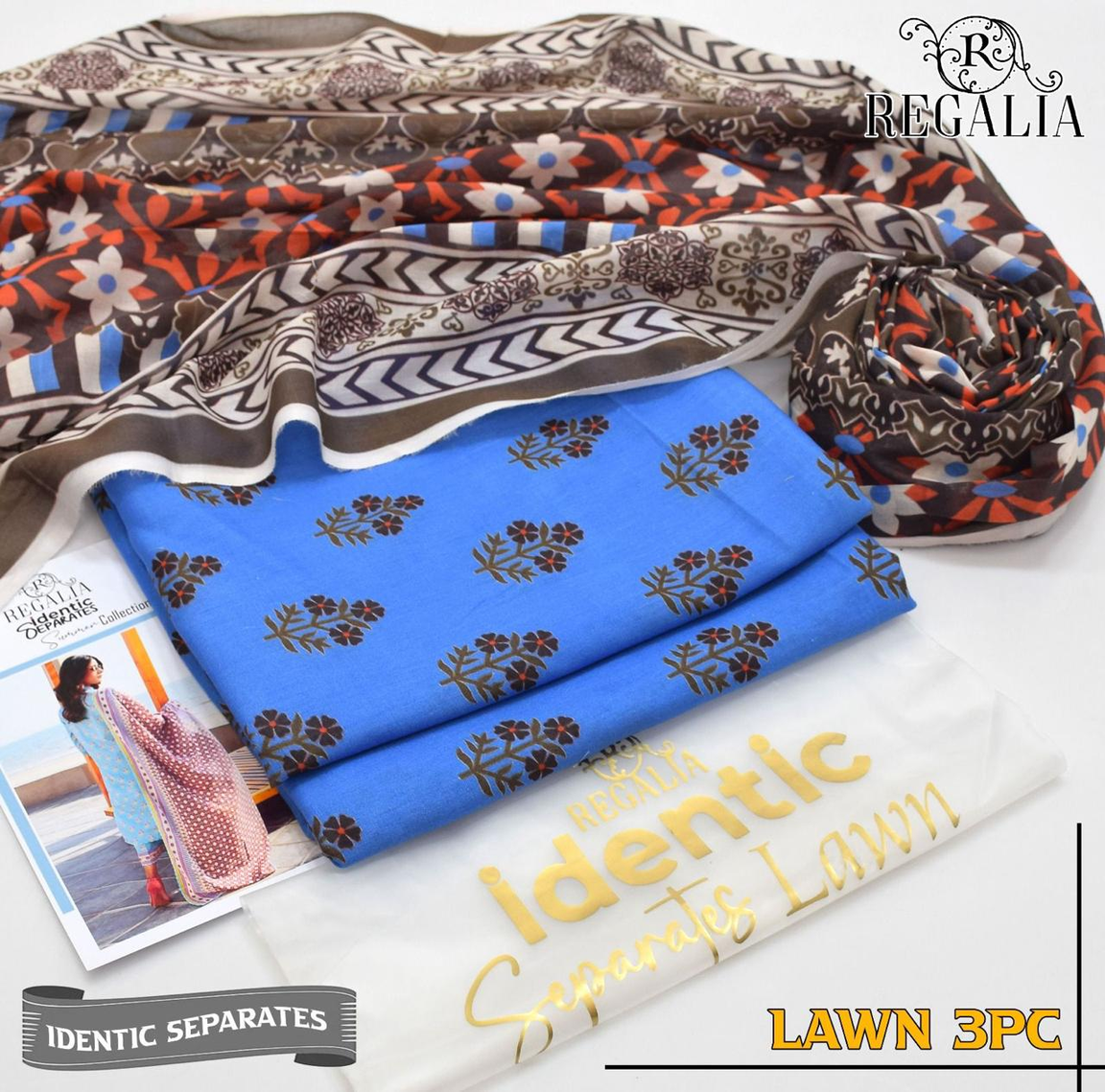 Regalia Identic Separates Lawn 3PC Suit - Orange & Blue Floral Unstitched Fabric