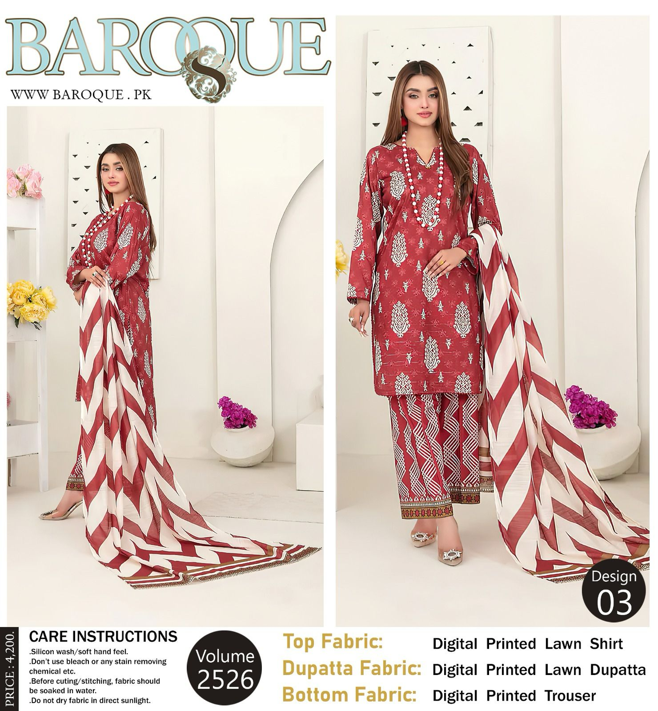 Baroque Red & Cream Chevron Digital Print Lawn Suit - Unstitched 3-Piece Summer Wear BRQ-002 Vol-2526