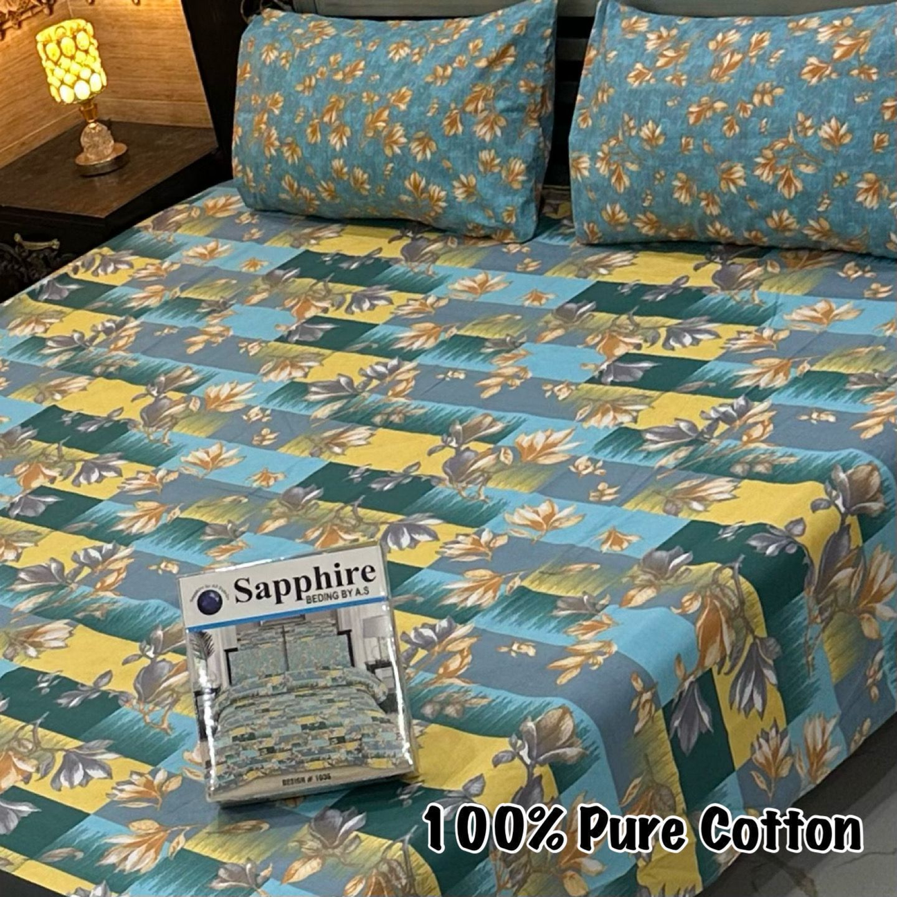 Floral & Geometric Print Bed Sheet Set – Bold Blue, Yellow & Green Design | 100% Pure Cotton Bedding-022
