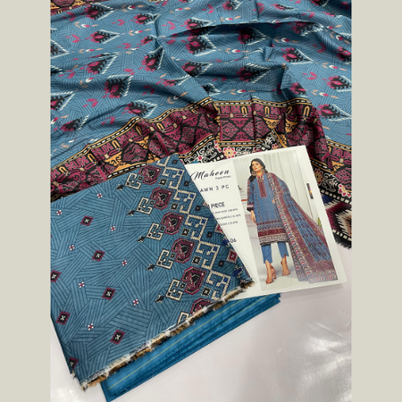 Muted Blue Digital Printed Lawn 3pc Unstitched Suit – Maheen Prints Summer Collection with Cambric Dyed Trouser and Printed Lawn Dupatta