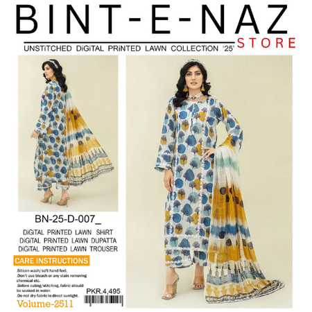 Elegant Lawn Suit in White, Blue, and Yellow Bint e Naz Digital Print Collection Premium Airjet Lawn 3Piece