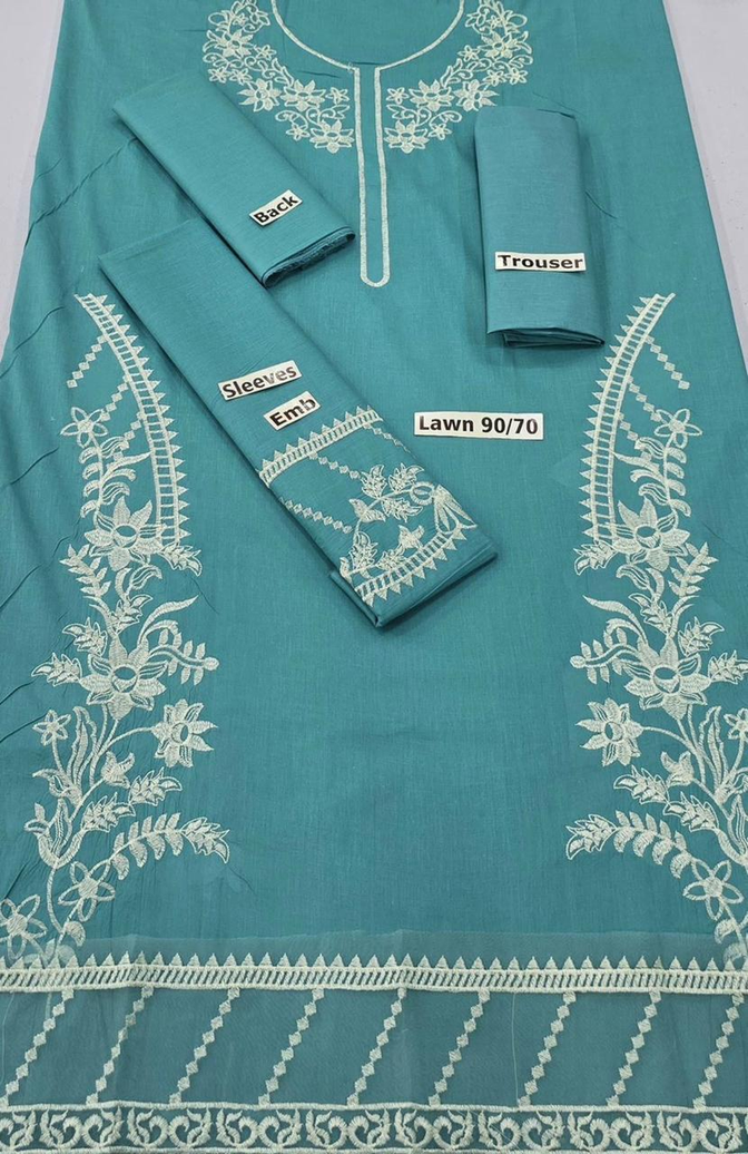 New Arrival: Aqua Teal Lawn 90/70 Embroidered Suit with White Floral Patterns & Cutwork Borders - Complete 3PC Set