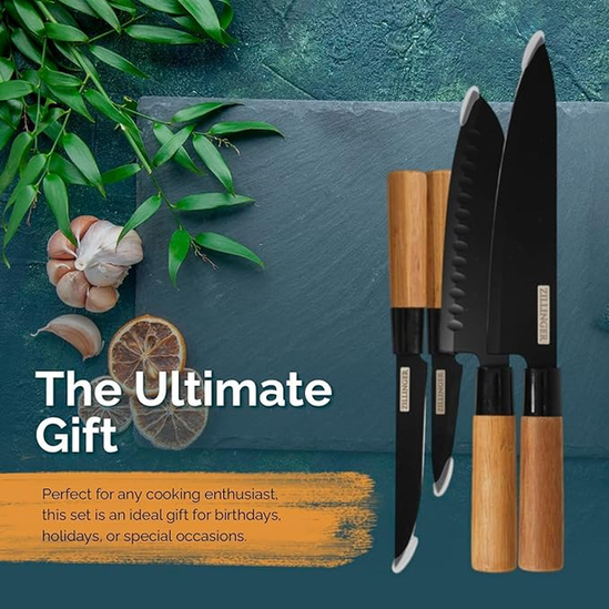 ZILLINGER Japanese Style 4-Piece Kitchen Knife Set with Ergonomic Wooden Handles & Non-Stick Blades