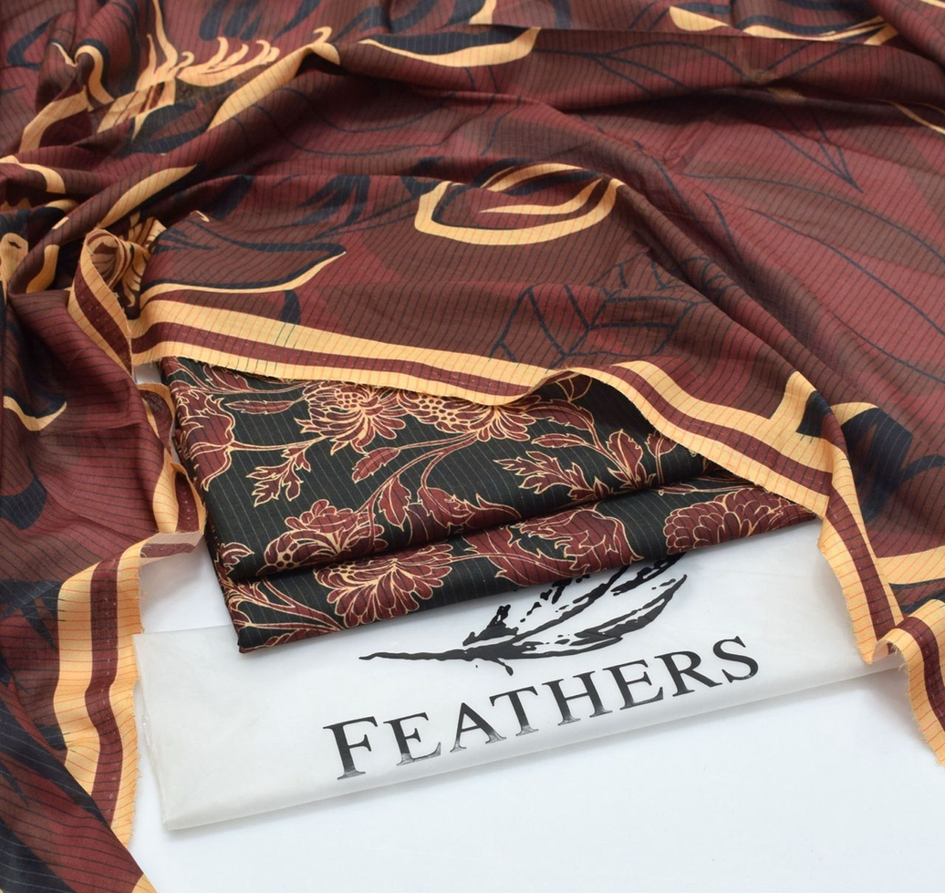 Feathers Unstitched 3-Piece Suit with Maroon & Gold Floral and Abstract Print