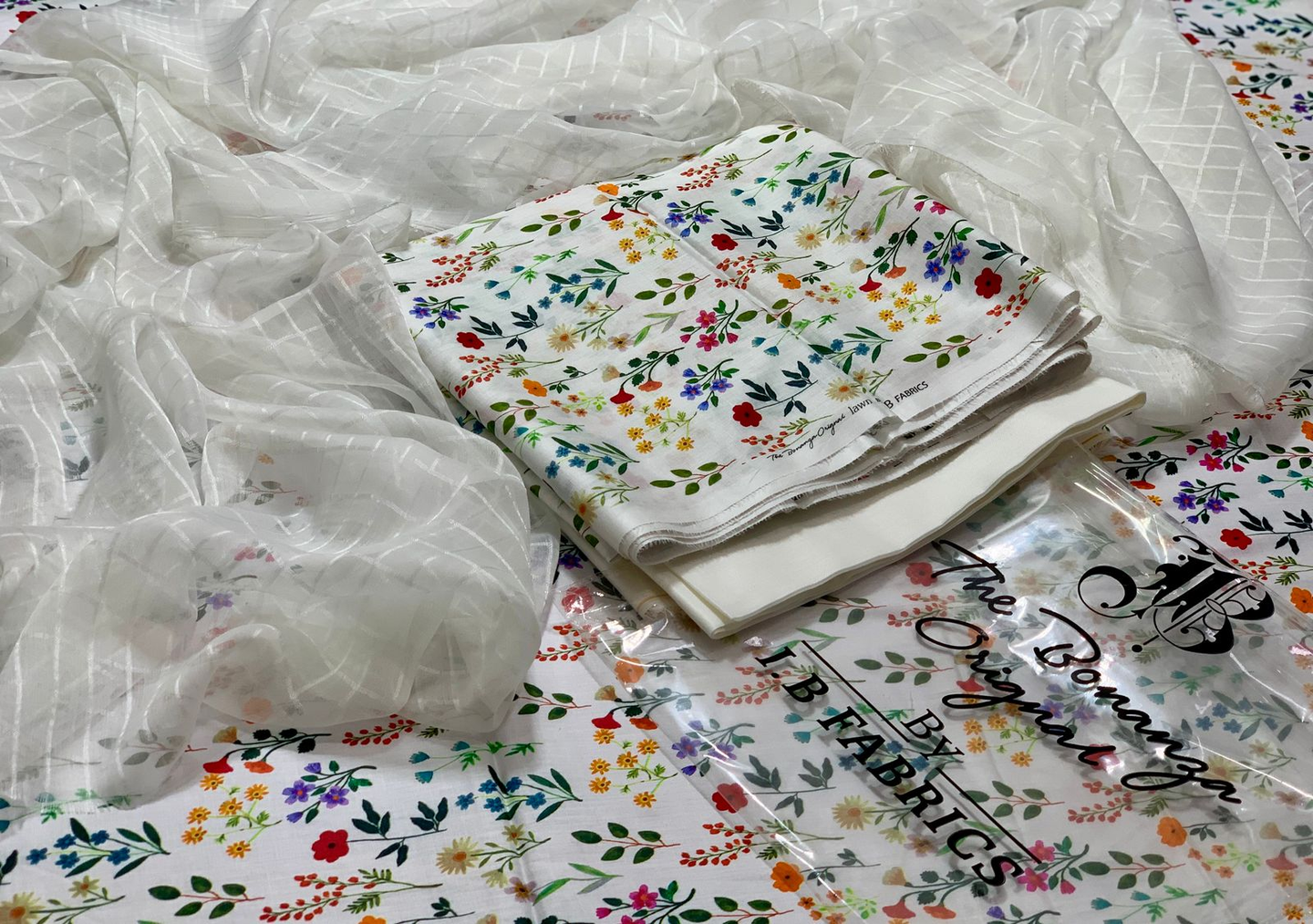 Elegant White Floral Printed Lawn Suit with Pure Organza Checked Dupatta - I.B. Fabrics Original Design