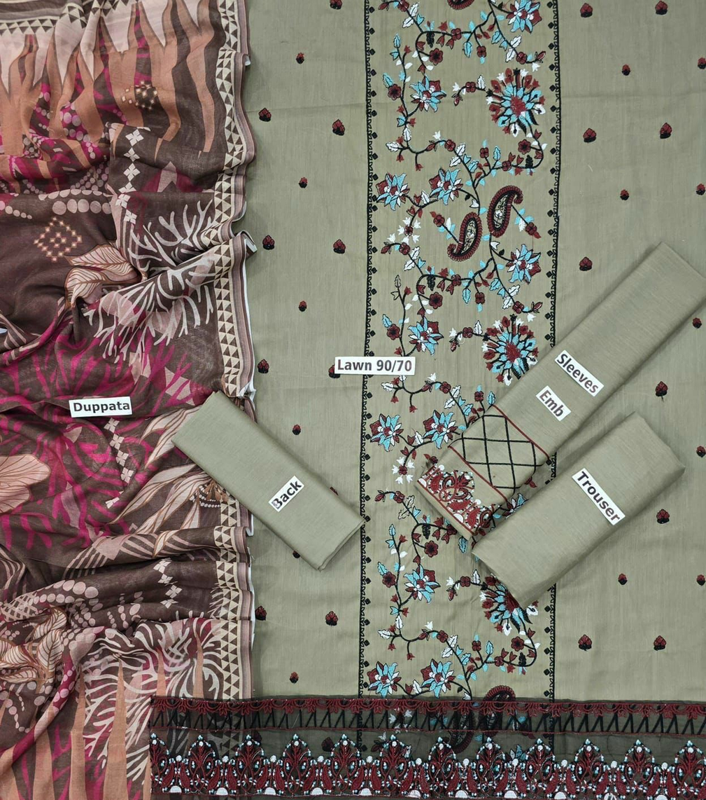 Bismillah Lawn Collection - Sage Green Embroidered Suit with Digital Printed Dupatta