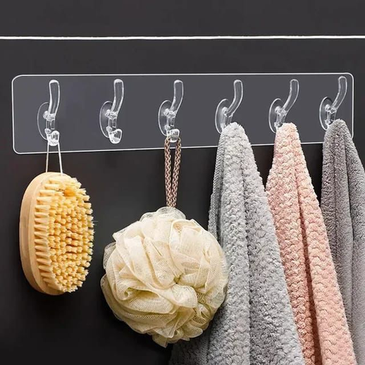 6-Hook Transparent Adhesive Hanger - Strong Stick-On Wall Hooks for Bathroom & Kitchen