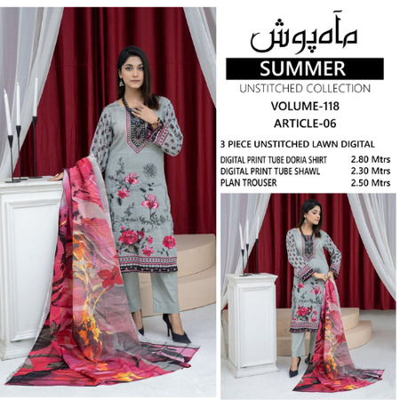 MAHPOSH Summer Classic | 3PC Tube Doria Lawn Suit with Digital Print Shawl.