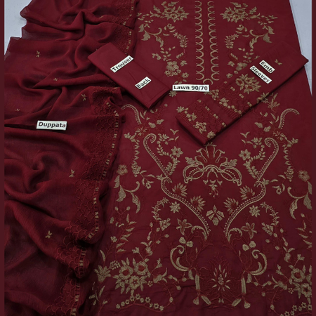 Elegant Embroidered Lawn 3PC Unstitched Suit with Bamber Dupatta – Premium 90/70 Fabric by Khaadi.