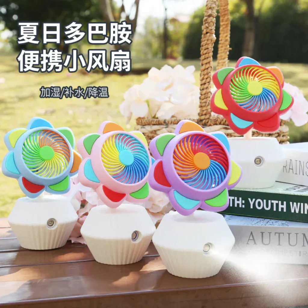 Colorful Flower Desktop Misting Fan with LED Light - USB Rechargeable Personal Humidifier & Mini Fan for Desk & Home