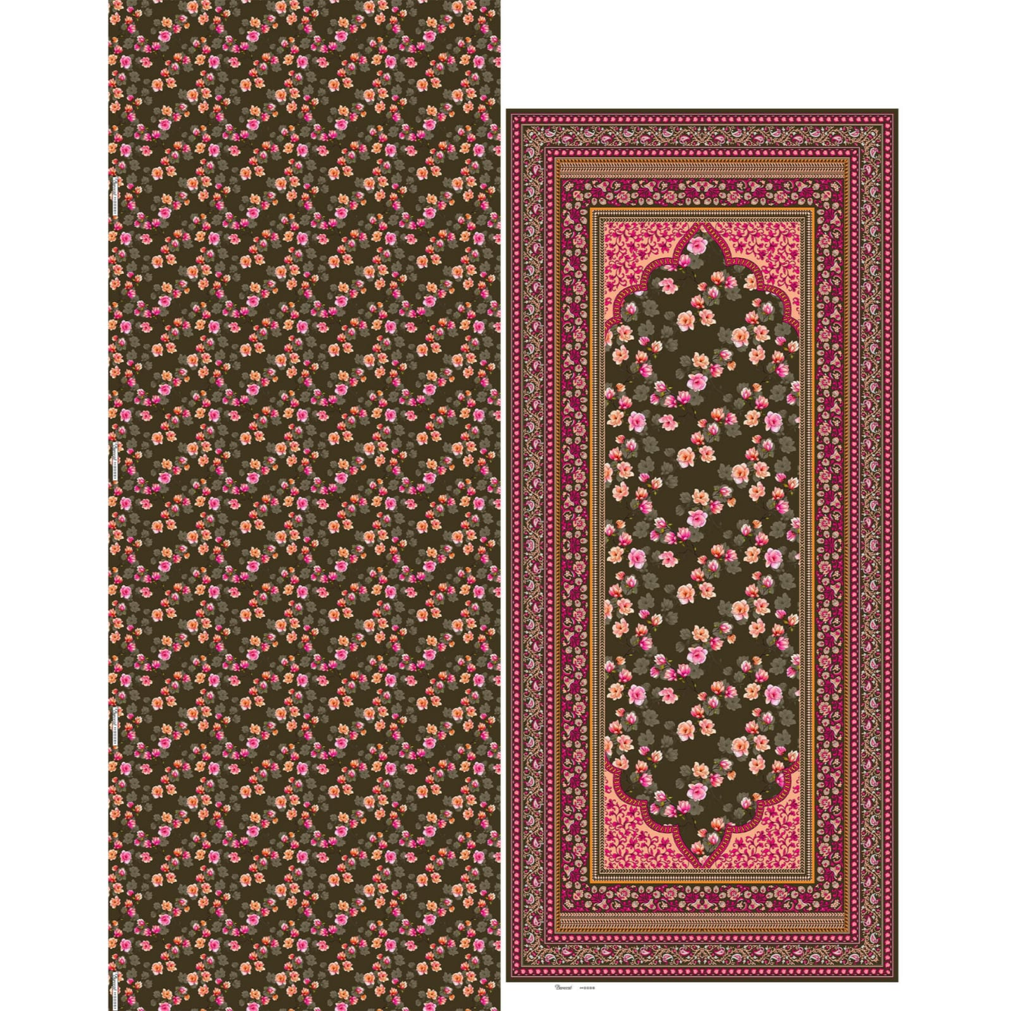 Bareeze Lawn 3-Piece All Over Unstiched Fabric Suite– Floral Charm Deep Brown & pink Print with Classic Print voil Border Dupatta, Vol #2 - 3009