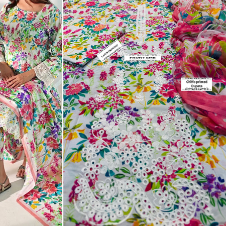 Elegant Eid Festive Collection – Lawn Suit with Chicken Embroidery & Printed Chiffon Dupatta