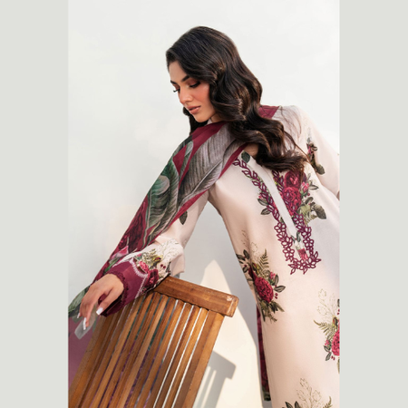 Off White 3Piece Lawn Eid Suit IZNIK Summer Collection 2025 Zari Effect Digital Print with Voile Dupatta