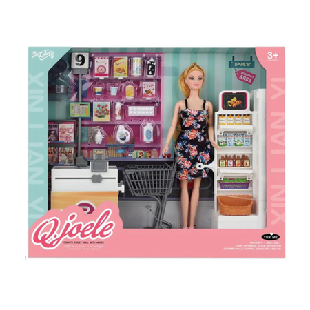 Qjoele Supermarket Playset with Doll and Shopping Accessories for Kids