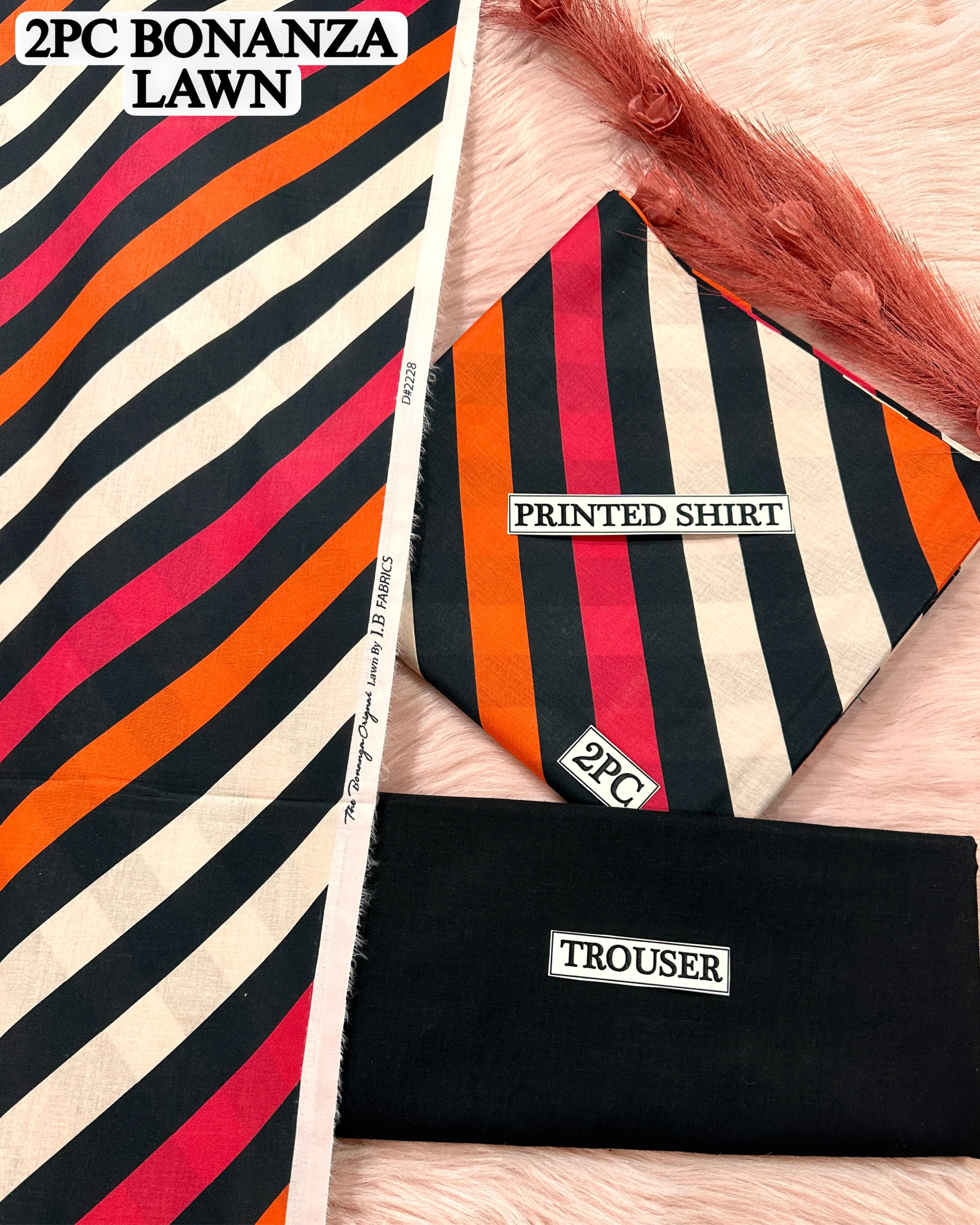 Striped Lawn Suit in Black, White, Orange & Pink Shades BONANZA Premium 2Piece Unstitched Collection for Women Bold & Trendy Summer Wear
