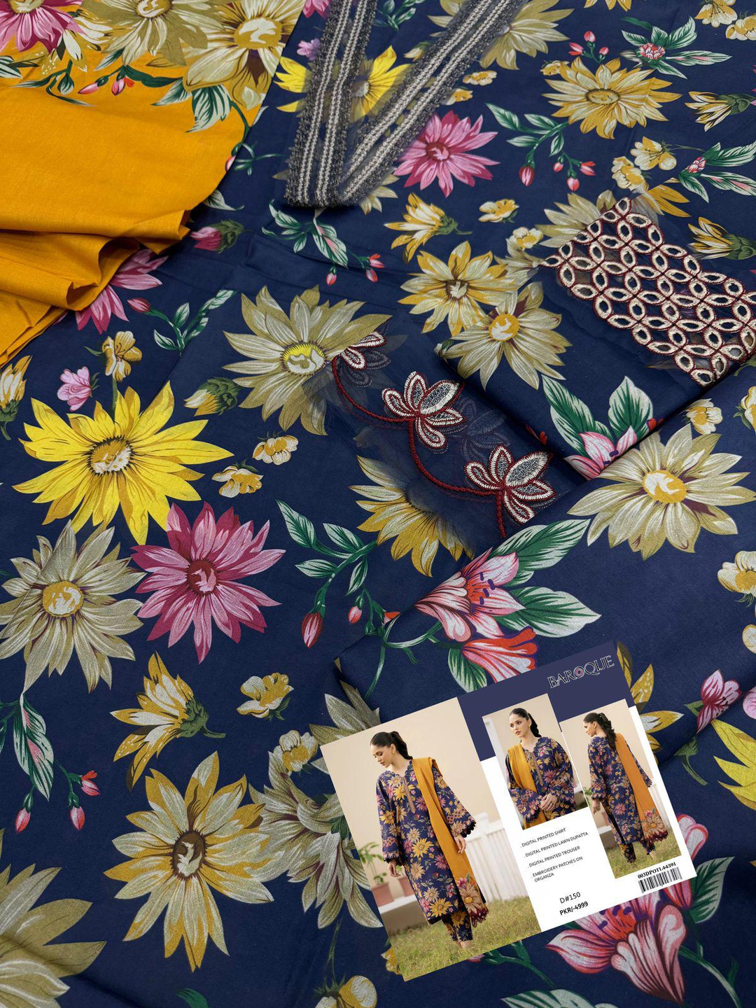 Premium Baroque Collection: Multi-floral Digital Print Lawn Suit with Scalloped Sleeves and Yellow Dupatta