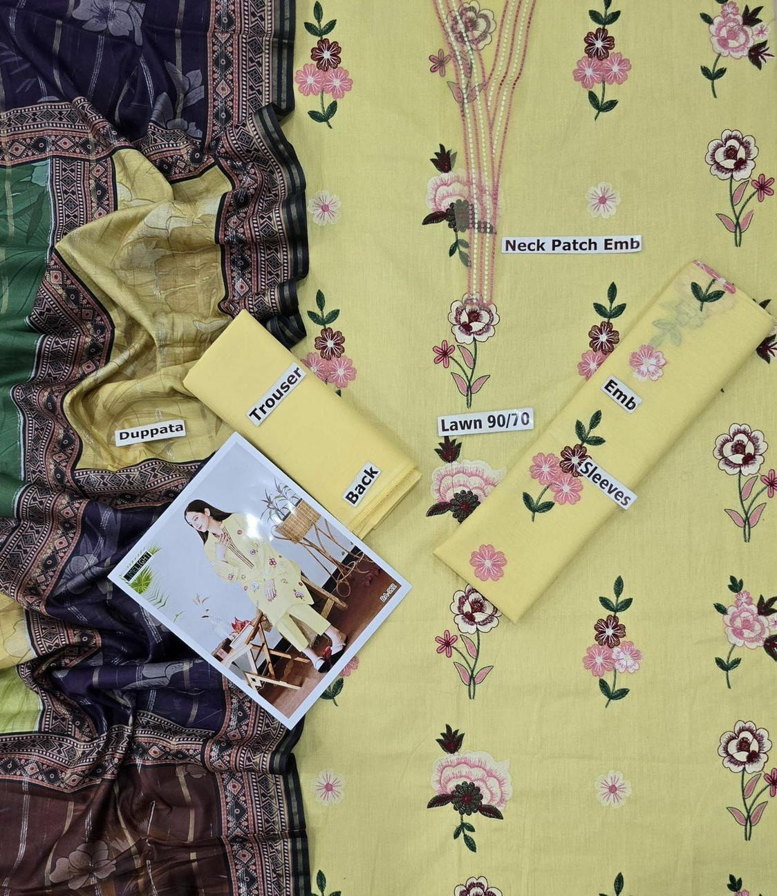 Light Yellow Embroidered Lawn Suit with Digital Printed Dupatta - AK Tex Inspired