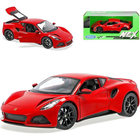 Welly Lotus Emira Coupe Die-Cast Model Car 1:34 Scale Red Sports Car with Pull Back Action and Openable Doors