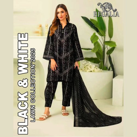 REGALIA Printed Lawn Dress Set – 3PC Summer Collection 2025 with Fashionable Patterns & Voil Dupatta