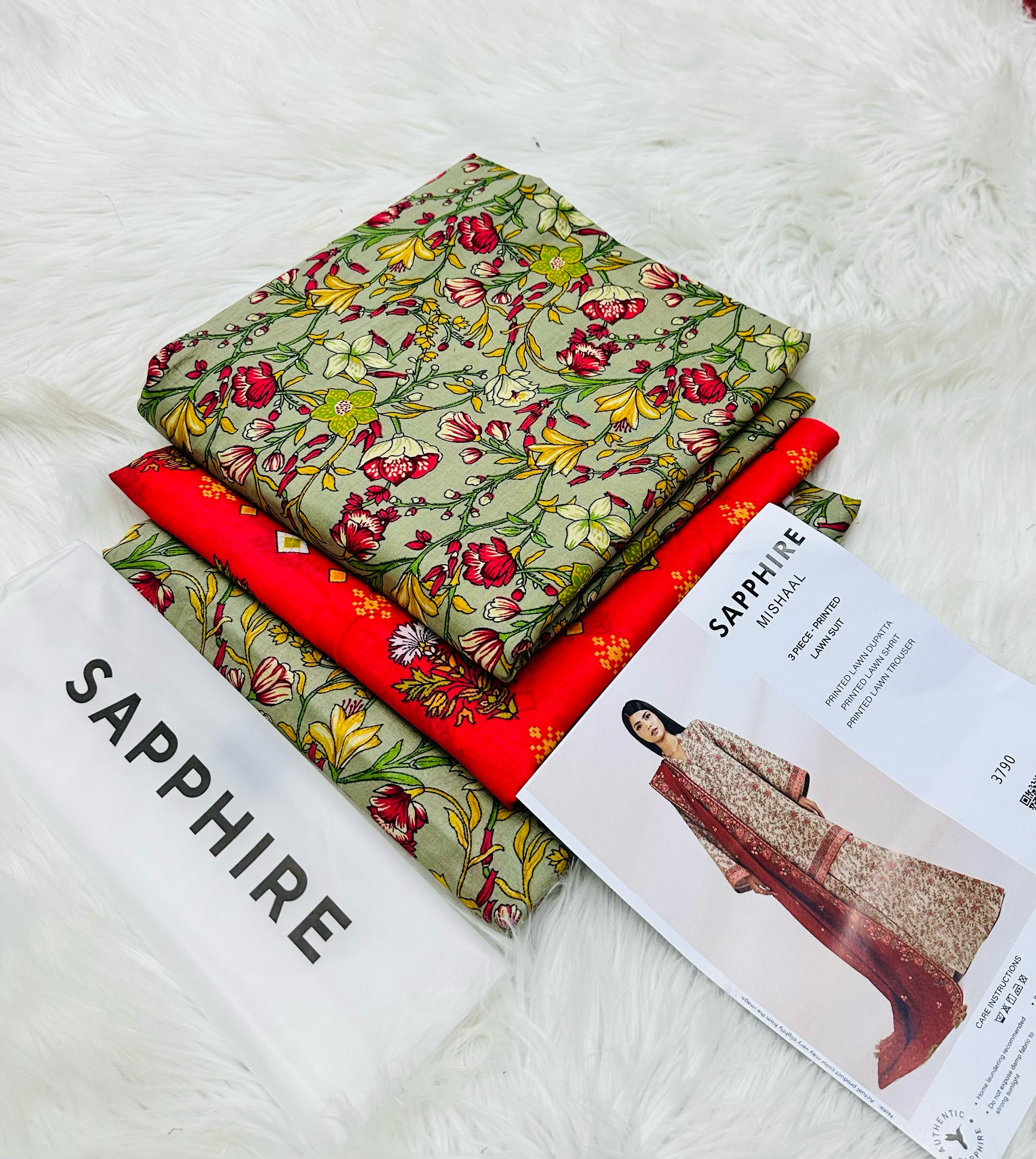 Floral Printed 3-Piece Lawn Suit Set with Red Accents - MISHAAL Collection by Sapphire Unstitched Fabric SP-RED-26