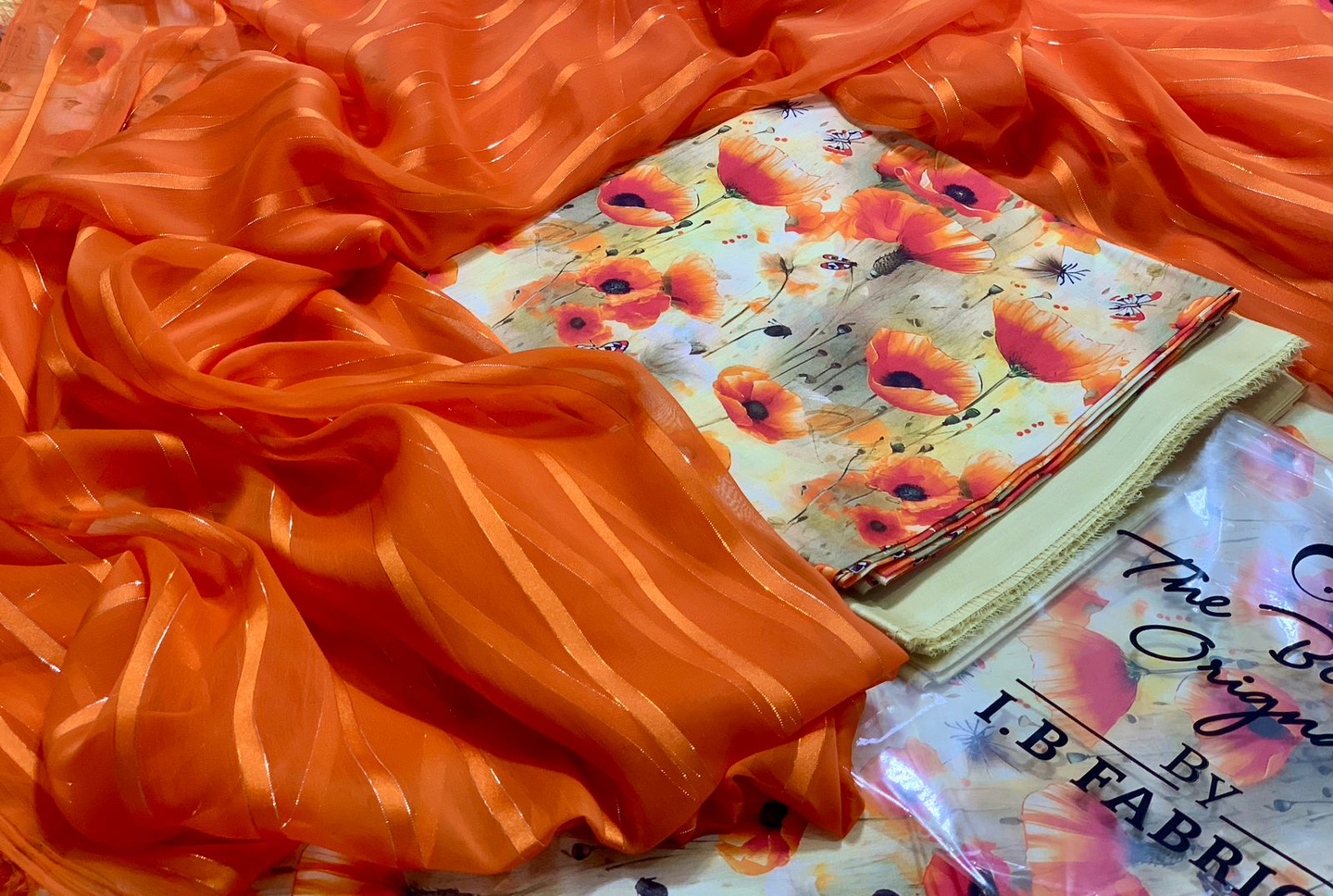 Bonanza Lawn White & Multi-Color Floral Digital Print 3-Piece Unstitched Suit with Orange Chiffon Dupatta