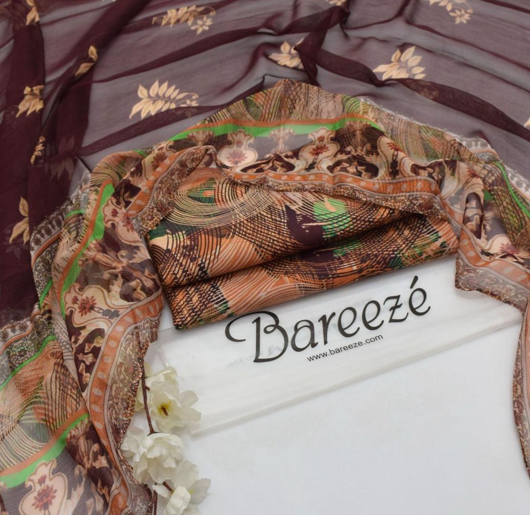 Bareeze Unstitched Abstract & Floral Print 3-Piece Suit with Maroon Dupatta