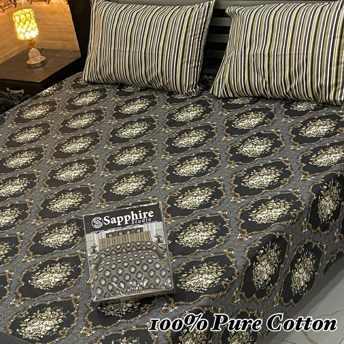Elegant Floral Damask Print Bed Sheet Set – Classic Black & Gold Design | 100% Pure Cotton Bedding by Sapphire-025