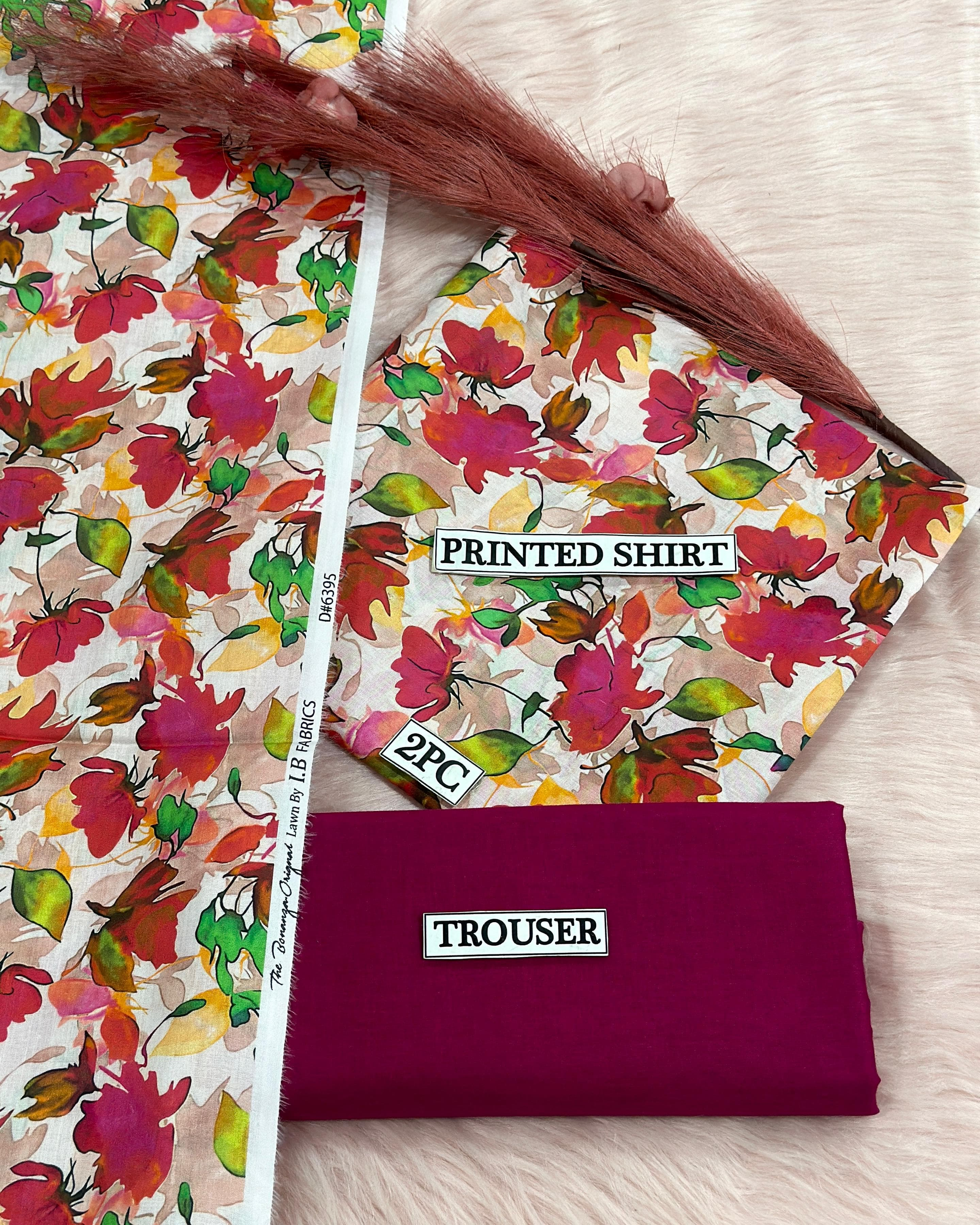 Floral Unstitched Lawn Suit BONANZA 2Piece in Red, Green & White with Dark Pink Trouser for Women