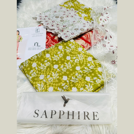 Primarily Green Sapphire 3pc Unstitched Lawn Suit – Summer Collection Vol.1 Featuring Chickenkari Embroidery, Cut-Work Dupatta, Printed Trouser & Embroidered Patch