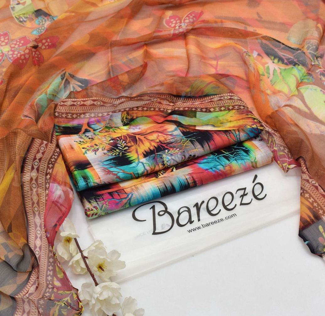 Bareeze Unstitched Multi-Color Abstract Print 3-Piece Suit with Coordinating Dupatta