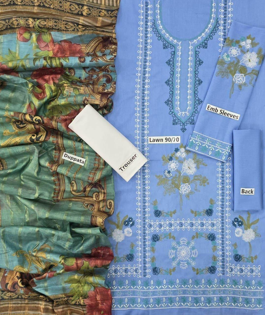 Fancy Sky Blue Embroidered Lawn Suit with Multi-Color Printed Dupatta