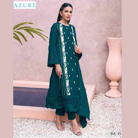 Azure Banadora Lawn 3-Piece Embroidered Suit – Elegant Front & Sleeves with Neck/Daman Patch | Bamber Chiffon Dupatta