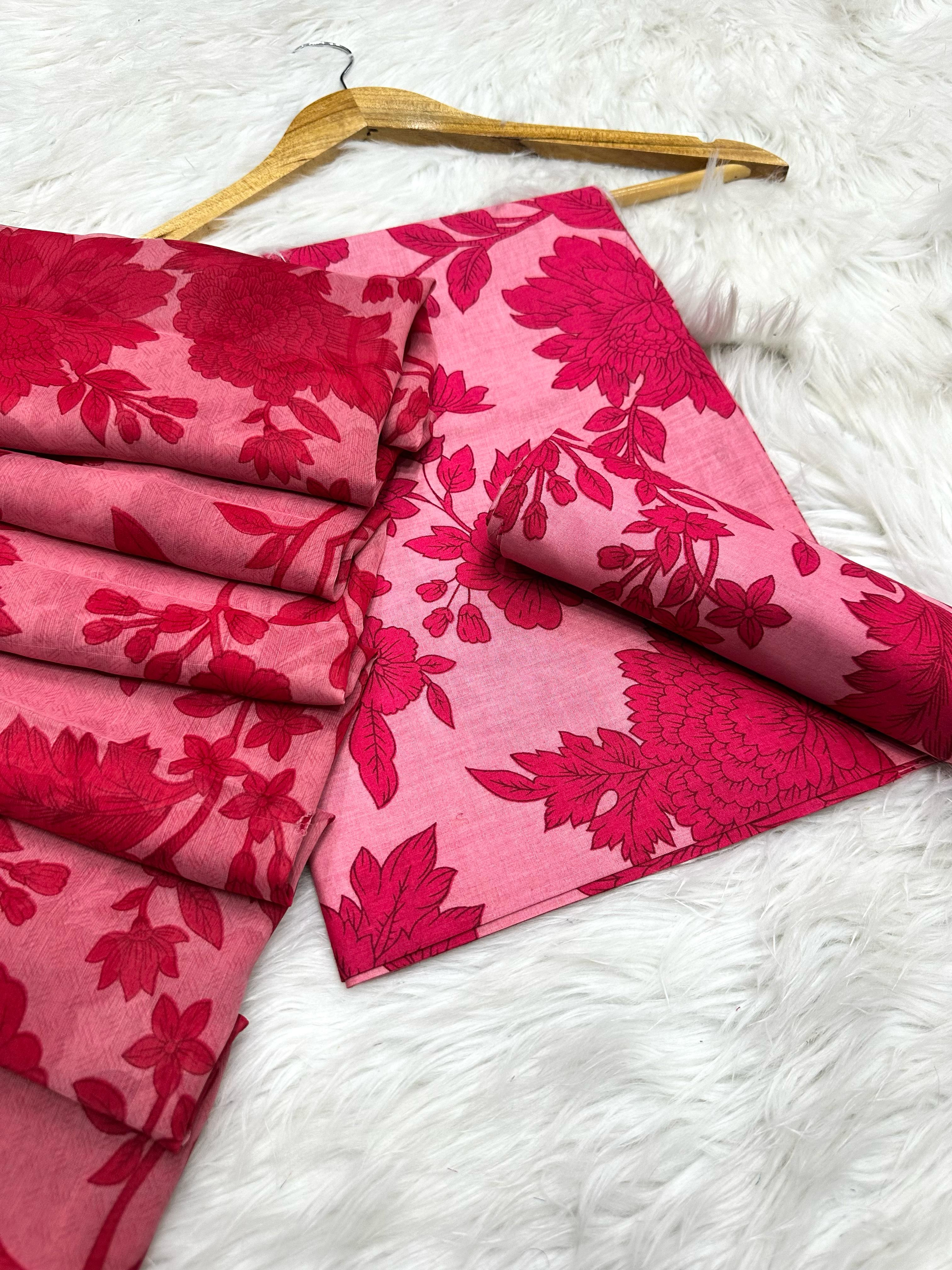 Maria B Lawn 3PC Suit - Pink Floral Print Unstitched Fabric Luxury Lawn Shirt digital With digital printed shiffon dupata with printed Trouser